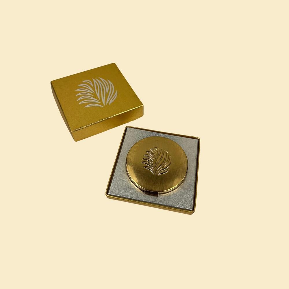 Vintage 1960s Corn Silk compact, gold-toned metal circular makeup container